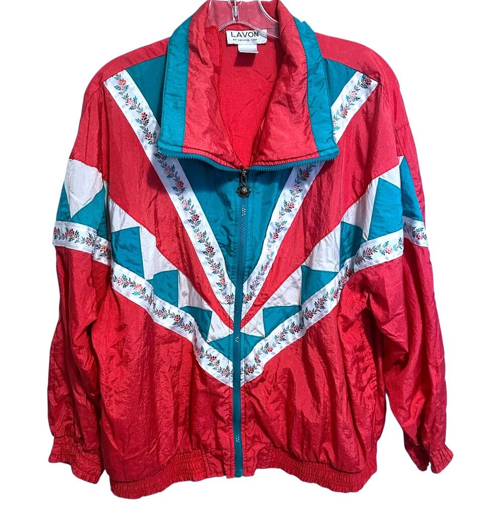 Lavon Vintage Track Jacket Womens Medium Pink Teal Geometric Floral 80s 90s